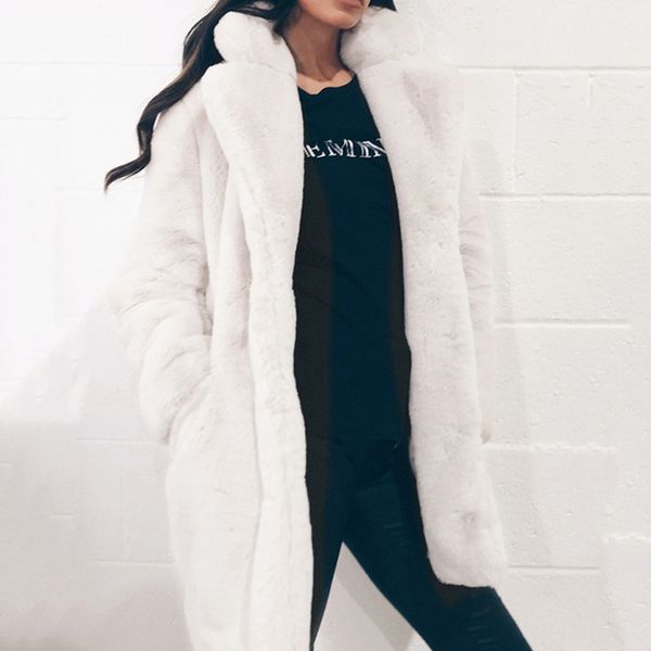 

winter thicken warm outwear female fashion loose faux fur coat solid color turn down collar women white faux fur long coats, Black