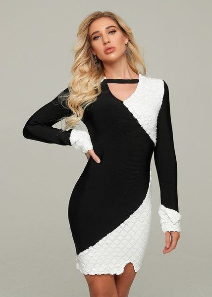 

casual dresses long sleeve black and white bodycon dress fashion night club celebrity party vestidos, Black;gray