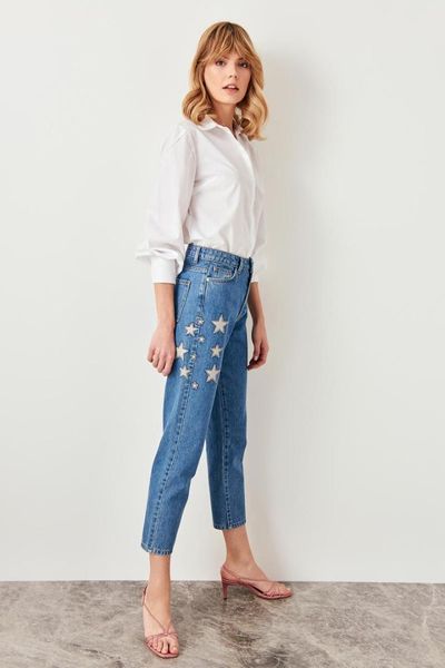 

патч trendyol синяя звезда детальный высокий бель мама джинсы tclss19um0005, Blue