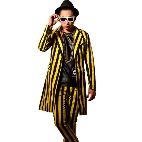 

мужчины ночной singer dj yellow black stripes длинный костюм пальто мужской моды hip hop slim fit пиджаки костюмы куртка сценическое, White;black