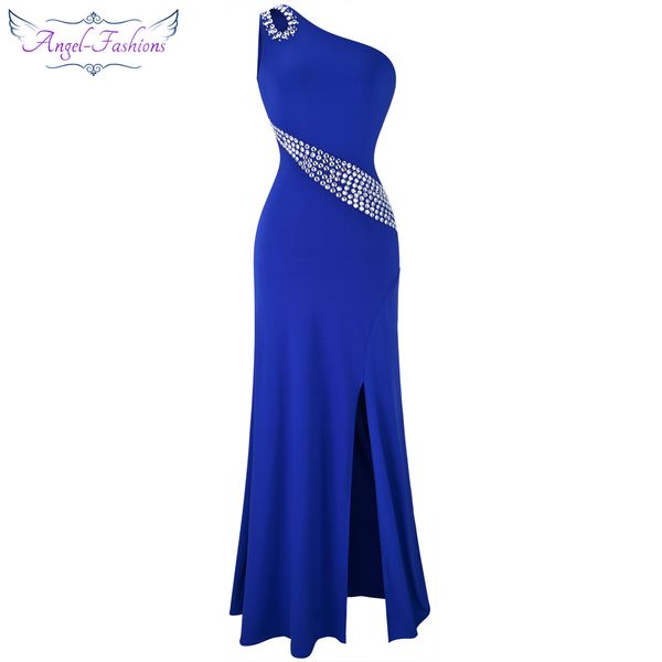 

party dresses angel-fashions one shoulder beading split hollow out long evening dress blue 075, White;black