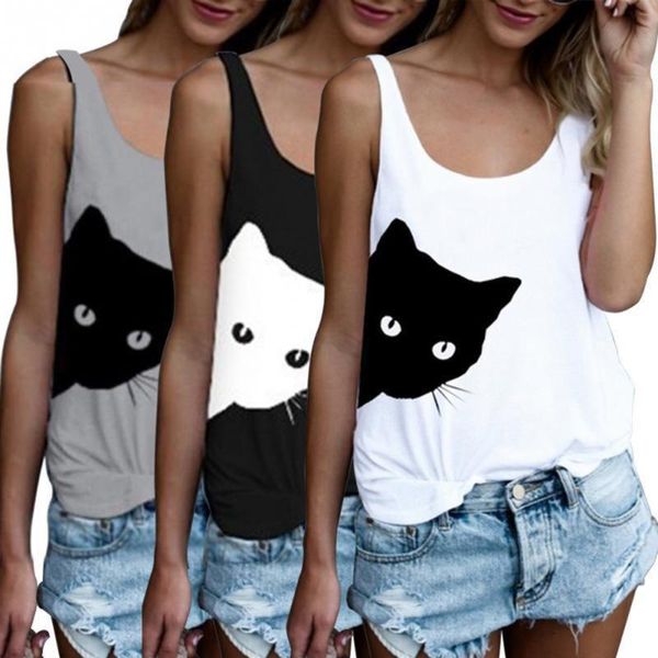 

women cat print vest sleeveless loose tank blouse t-shirt, White
