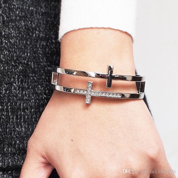 

2019 women female ladiespersonality double-drilled cross opening bracelet bracelets unique design bangles wristband with box ing, Black