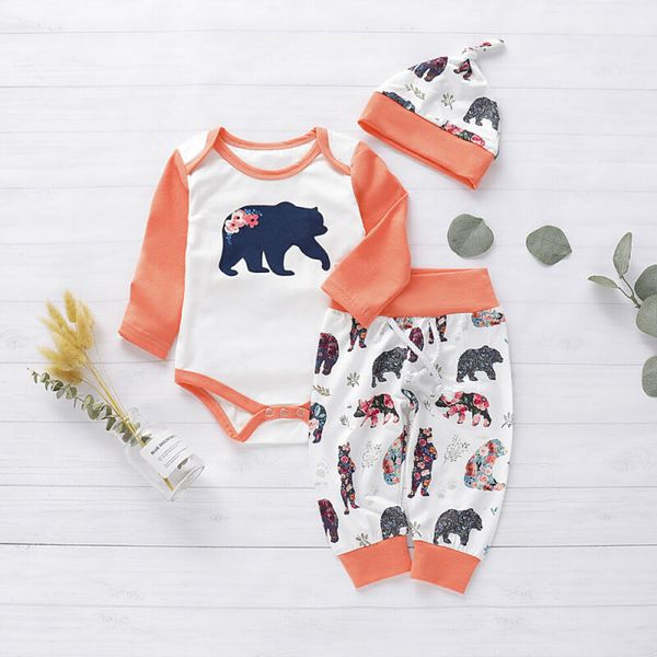 

3pcs fashion newborn baby girl boy cotton animal print romper bodysuit+pants+cap outfits autumn clothes 3g23, White