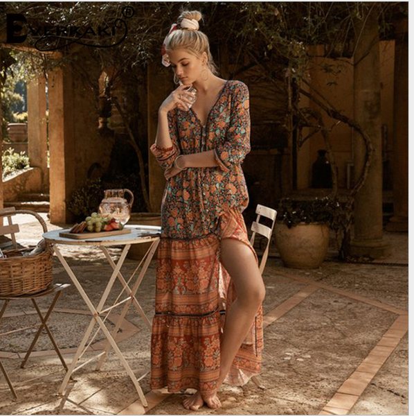 

bohemian printed split single-breasted dress, Black;gray