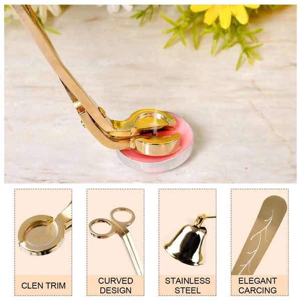 

candle snuffer candle accessory set, gift with wick trimmer, wick dipper and bell snuffer gold candle holders