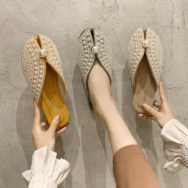 

mules for women 2020 slippers casual cover toe shoes loafers pantofle low slides string bead new flat peep summer pu, Black