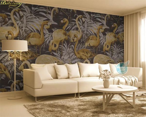 

custom wallpaper mural medieval hand painted golden flamingo tropical plant leaves papel de parede wall papers home