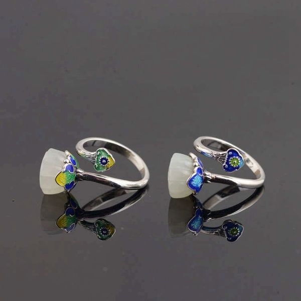 

s925 sterling silver jewelry handmade hetian jade lotus vintage chinese style bianhua female model open gem ring, Golden;silver