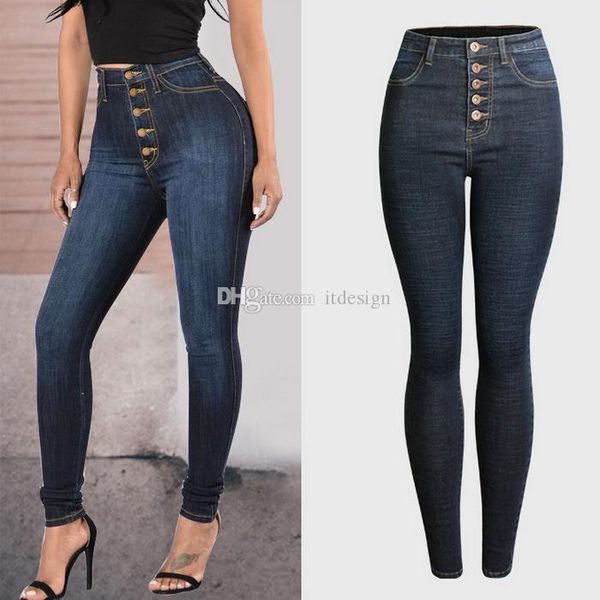 

high waist jeans women skinny fit multi buttons denim trousers simple design street jean pants girl, Blue