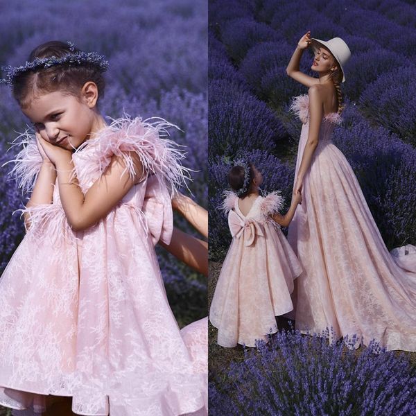

high low pink girl' pageant dresses with feathers 2019 cap sleeve lace girls birthday formal party gowns mother and daughter dress, White;red