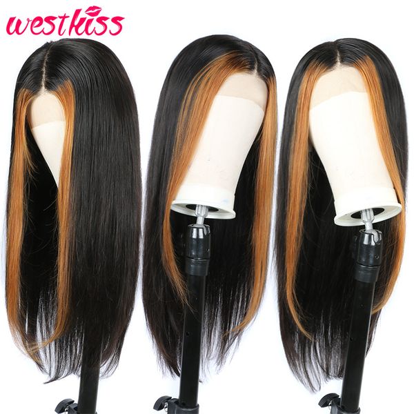 

highlight straight wig 13x4 lace front human hair wigs pre plucked frontal wig for women brazilian hair wigs west kiss remy, Black;brown