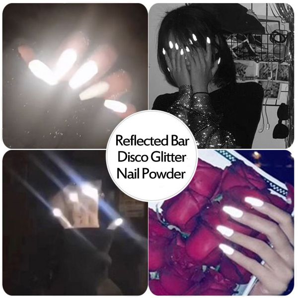 

1box reflective nail glitter powder shiny dust glow in the dark for bar disco sparkling pigment fluorescent nail art decorations, Silver;gold