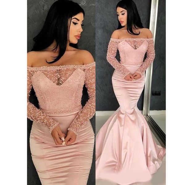 

eye-catching long sleeves beaded mermaid evening dresses 2020 off-shoulder neck zipper back sheer prom dresses evening gowns cheap, Black