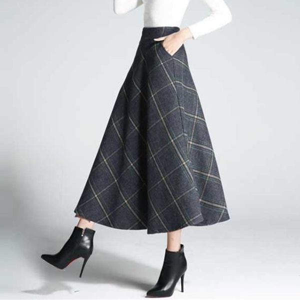 

элегантный упругие высокая талия-линии плед юбки для женщин плюс размер шерстяной длинные юбки vintage ladies офиса повседневная одежда из ш, Black