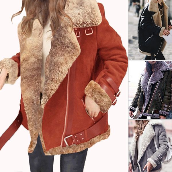 

winter high -quality jacket female imitation suede lamb keep warm wool coat motorcycle lapels coat female thicker jacket women, Black