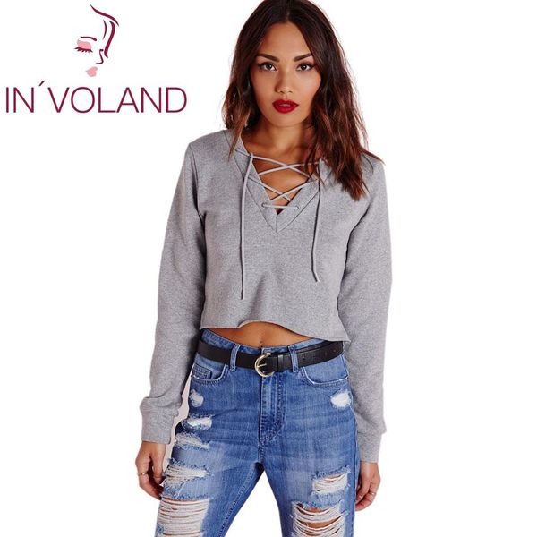 

new fashion women casual lace-up bandage long sleeve crop top sweatshirt solid sweatshirt crew v neck gray black