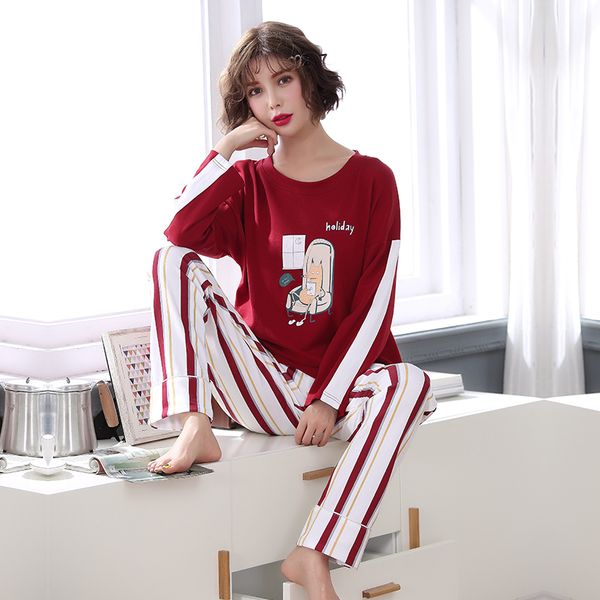 

new women pajamas cotton sleepwear two piece set long sleeve kawaii nighty pajamas sets sleep lounge casual nightwear feminino, Blue;gray