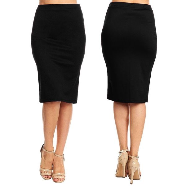 

2019 women's lady comfort solid color waist stretch bodycon pencil midi skirt spring autumn fashion pleated solid color vestidos, Black