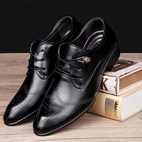

2019 new men's boutique spring business dress casual shoes pointed with wedding shoes soft skin british everyday shoes, Black