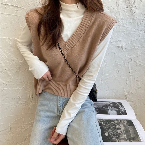 

autumn women sleeveless short knit vest korean style elegant casual all-match sweater vest, White;black