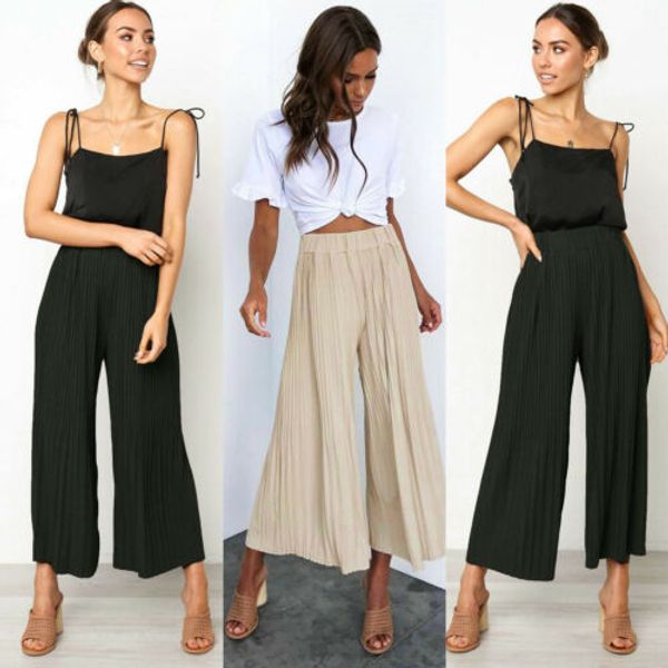 

2019 women ladies high waist pants pleated wide leg flare long pants fashion casual loose trousers, Black;white
