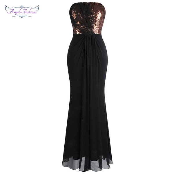 

angel-fashions women's strapless sequin pleated long body con vintage evening dress black j-190904-s, White;black