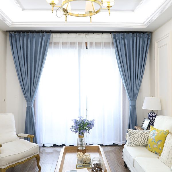 

rural solid curtains for living dining room bedroom and flax full shading cyan high-end curtains for home decoration