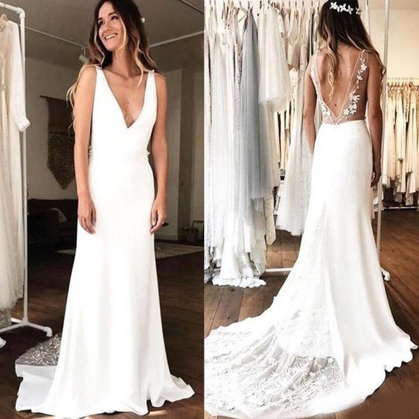 

under $100 mermaid wedding dresses for summer beach boho weddings open back appliques pluning v neck long bridal gowns, White