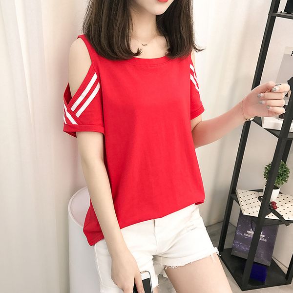

2019 women t-shirts new summer casual cotton off-shoulder loose korean o-neck short-sleeved t-shirt female, White