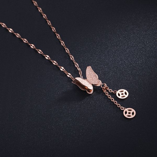 

yikln titanium stainless steel ethnic chinese style copper pendant necklace frosted butterfly animal necklace for women rn02028, Silver