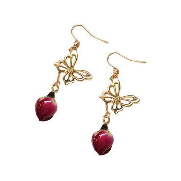 

сушеный цветок серьги ручной работы простой сладкий бутон розы образец висячие серьги для девочек свадебные украшения уникальный подарок, Silver