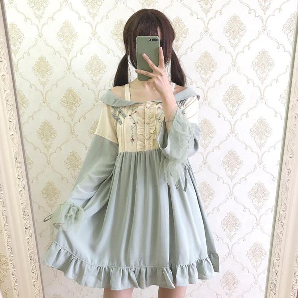 

women japanese sling dress off shoulder long chiffon loose dress 2020 spring new girls super fariy princess preppy style, Black;gray