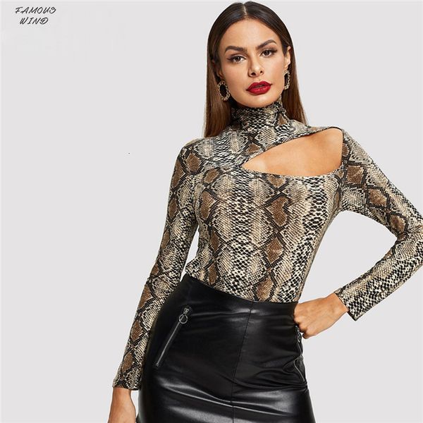 

cut front t shirt snake skin print fitted women out 2019 spring fashion long sleeve korean office lady tees, White