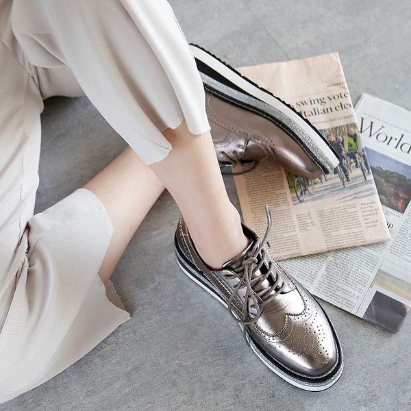 

2019 spring platform shoes woman creepers british style brogues oxford shoes for women lace up women autumn, Black