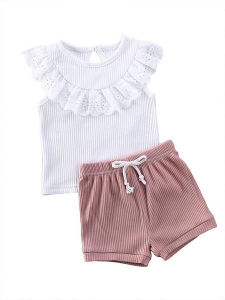 

2020 baby summer clothing 1-5y kid toddler baby girl 2pcs set lace ruffle rubbed t shirt + shorts solid outfit set, White