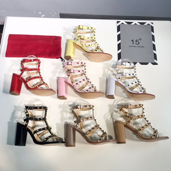 

fashion chunky heel high heels luxury designer patent leather shoes rivets buckle strap sandals for women 5 colors women dress shoes 35-41, Black