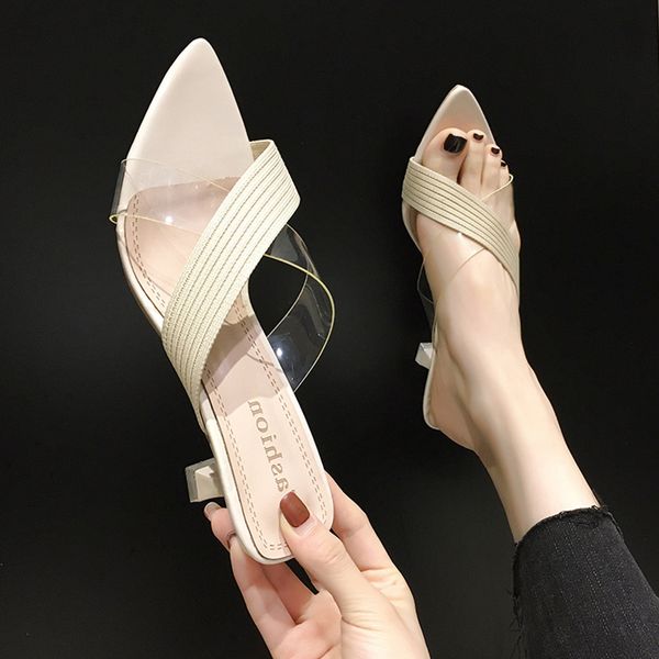 

pointed toe shoes transparent slippers thin heels slides slipers women med summer fretwork 2020 rome pu scandals rubber hoof, Black