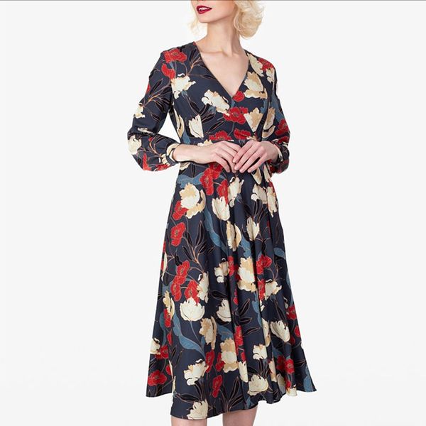 

french dress 2020 women's printed v-neck nine percent sleeve dress, Black;gray