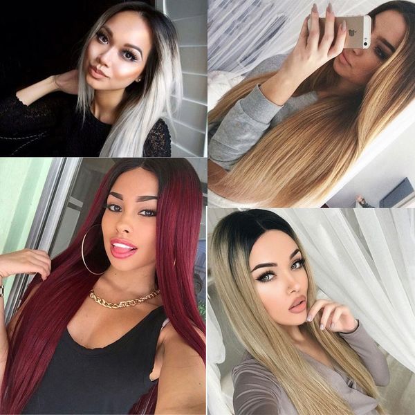 

european and american women's long straight hair african color gradient chemical fiber periwig hood cross-border, Black