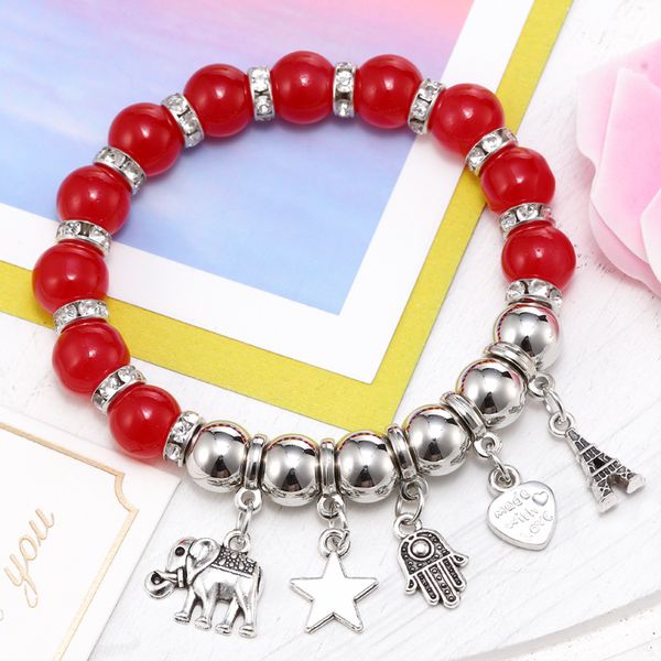 

bohemian bracelet for women colorful natural stone beads crystal silver color elephant star pendant chains bangle boho jewelry, Black