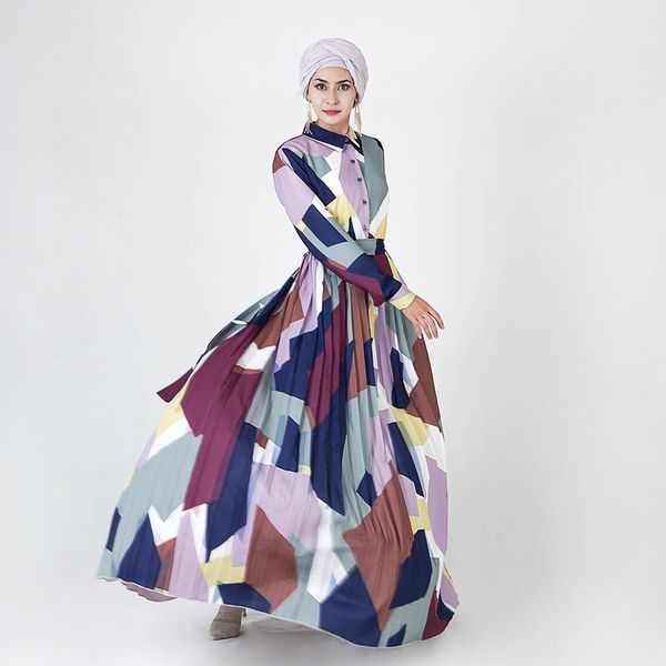 

new women muslim geometric printed organ pleated skirt abaya dress cardigan islamic clothing saudi arabic turkish robe musulman, Red