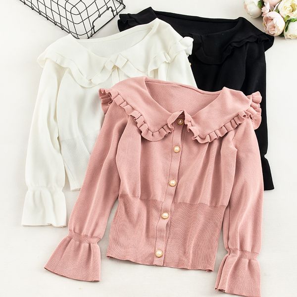 

women autumn flare sleeve peter pan collar basic sweater knitted ruffles shirt vintage elastic slim cardigan button blouse, White