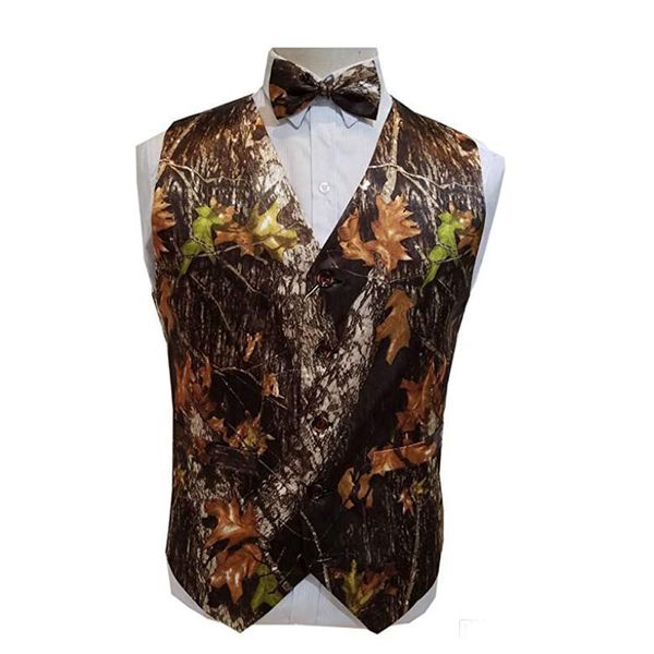 

new real camo wedding vests 2020 groom vest tree trunk leaves spring camouflage slim fit mens vests 2 piece set (vest+bow, Black