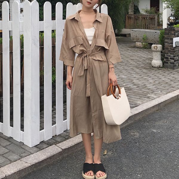 

ewq] three quarter lace-up long shirt style windbreaker jacket korea khaki long trench coat slim outwear 2019 autumn new qk194, Tan;black