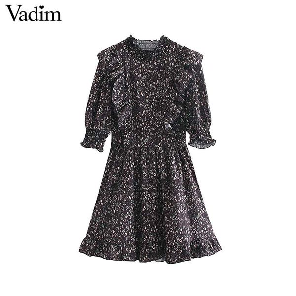 

vadim women chic print ruffled mini dress half sleeve a line o neck pleated retro causal sweet dresses vestidos mujer qc814, Black;gray