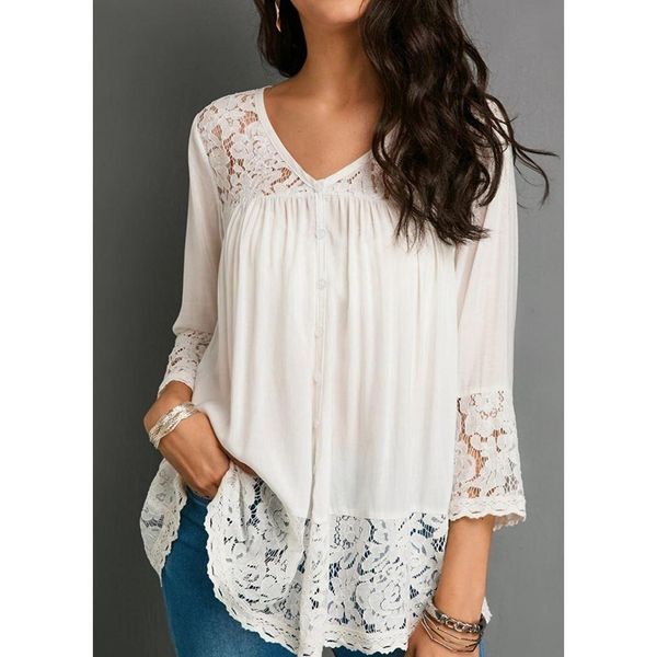 

summer women v-neck shirt casual long sleeve ladies fashion solid color loose t-shirts lace chiffion blouse plus size xs-5xl, White