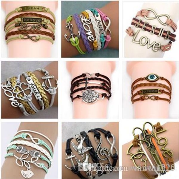

45 styles bracelets musical note wax cords and leather weave leather bracelet christmas gift ing, Golden;silver