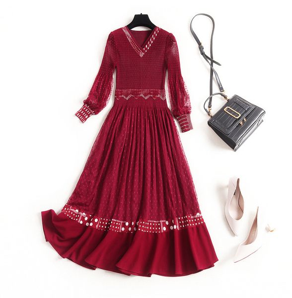 

vintage elegant fashion polka dot v-neck high waist mesh chiffon dresses female women fashion vintage clothes new, Black;gray