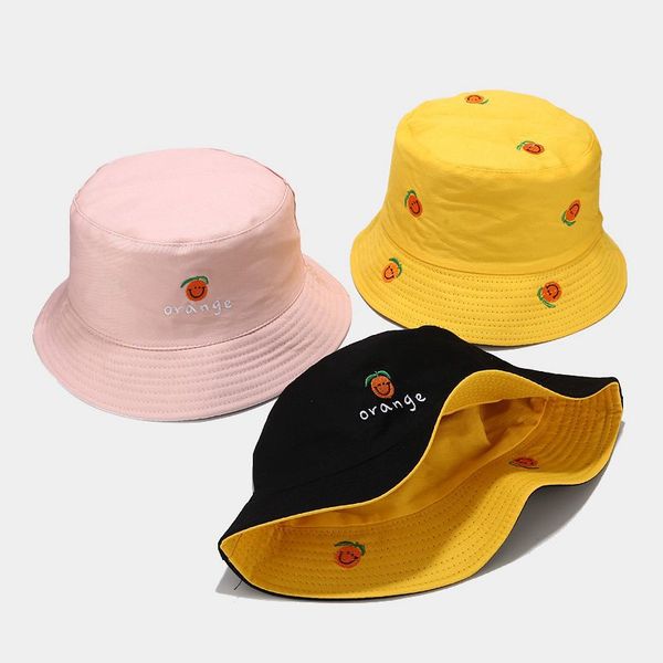 

2020 new style orange embroidery two sides wear bucket hat fisherman hat outdoor travel sun cap hats for men and women 182